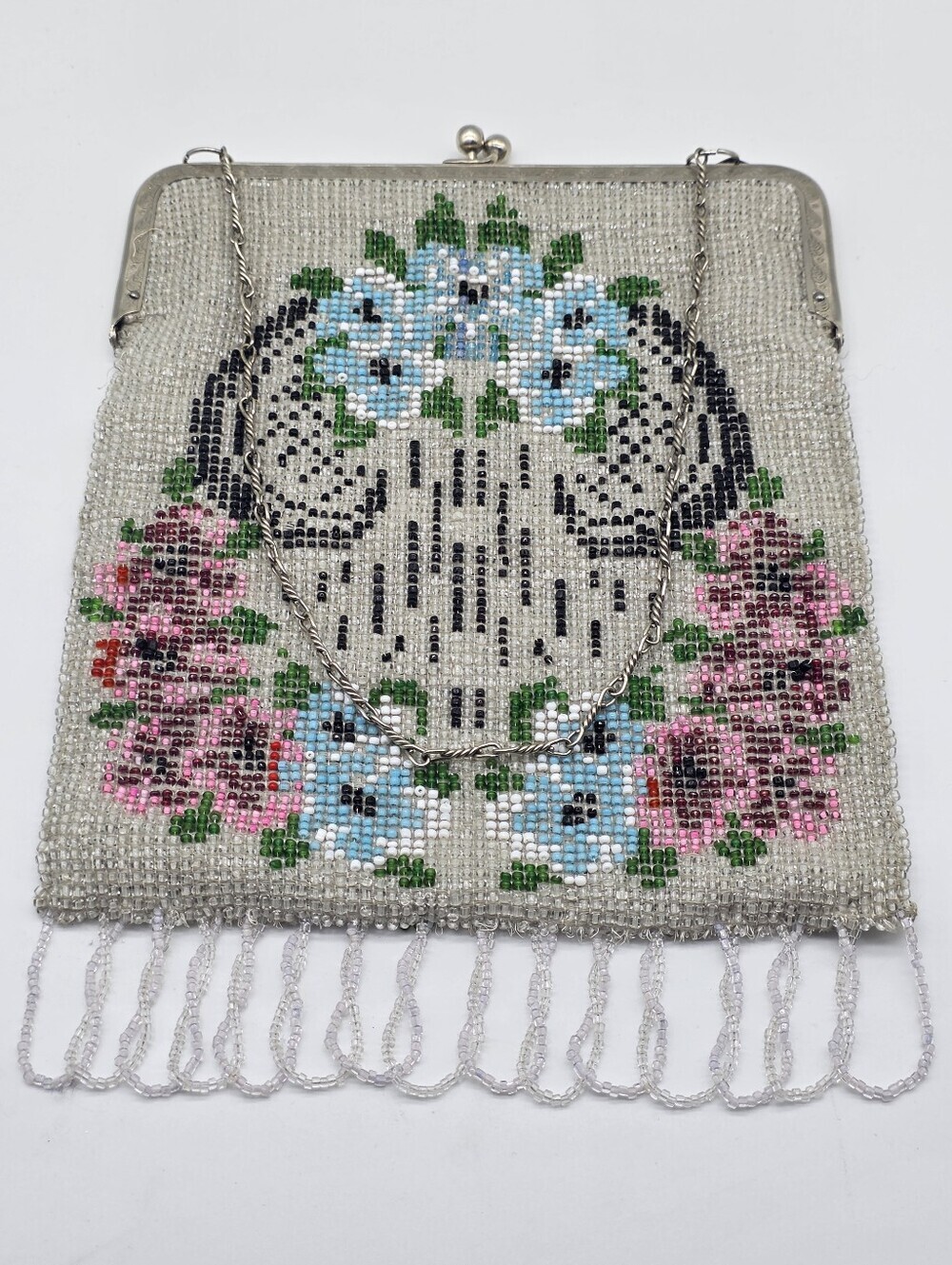 Antique Edwardian Micro Beaded Purse 1910s Floral Glass Seed Bead Evening Bag